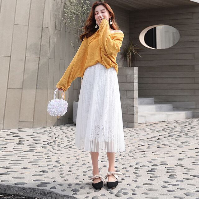 Large -size gauze skirt in the half -body skirt in the half -body skirt, white fair fairy nets skirt, autumn and winter, thin and drooping, covered with lace pleated skirt
