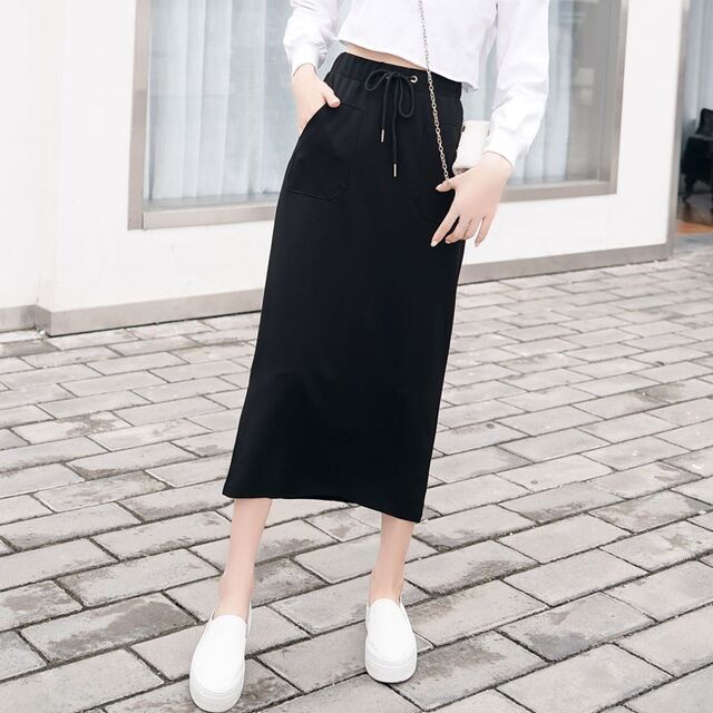 versatile mid-length half-body new slit long skirt black skirt 2024 half-skirt high-waisted skirt women's step
