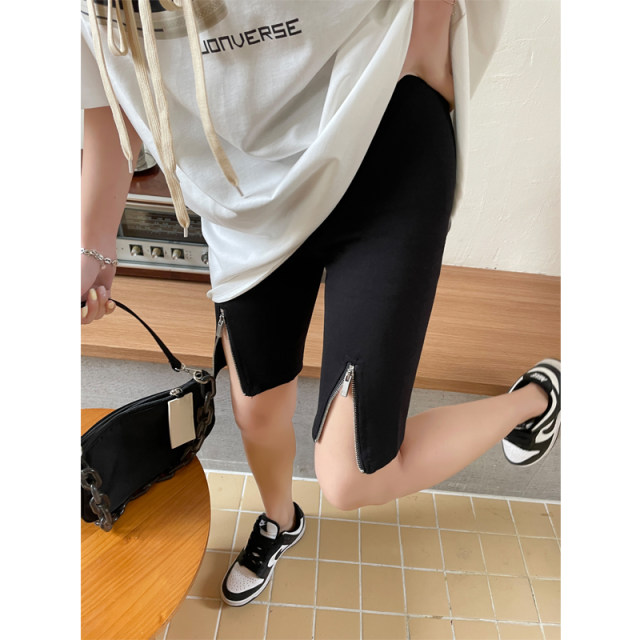 Black slit zipper tight sports shorts for women with high waist thin style cropped pants summer casual riding pants
