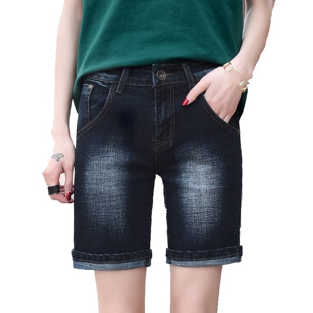 Dark four-quarter denim shorts for women in summer new straight-leg slim fit and slim large size versatile stretch curly five-quarter pants