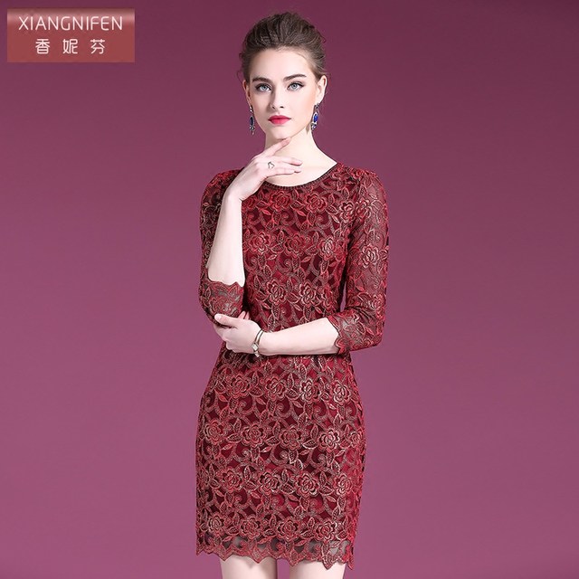 Xiangnifen 2025 autumn new lace gold thread embroidery temperament slim wedding dress one-step skirt mother outfit