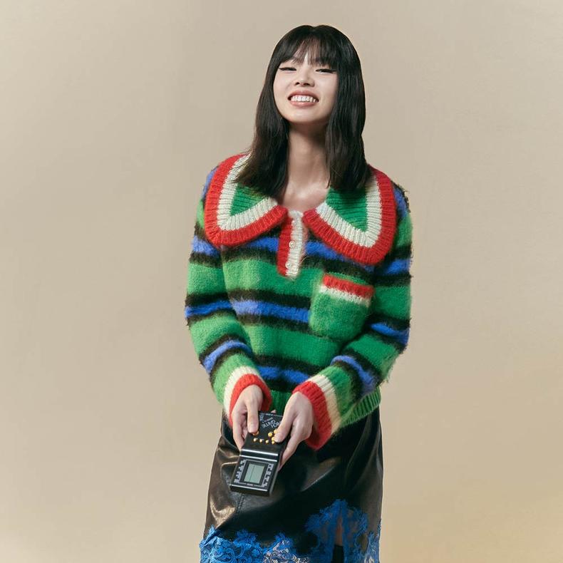 uooyaa/乌丫2020冬季新款正品复古条纹撞色大翻领宽松柔软毛衣