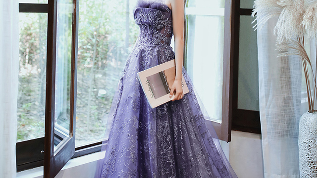莱谊服饰宴会晚礼服紫色抹胸礼服裙