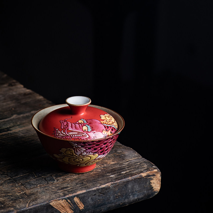 Unique clear pink fishing dragon cover bowl ceramic zhu sand red pure handmade tea cup tea cup tea bowl floating tea machine