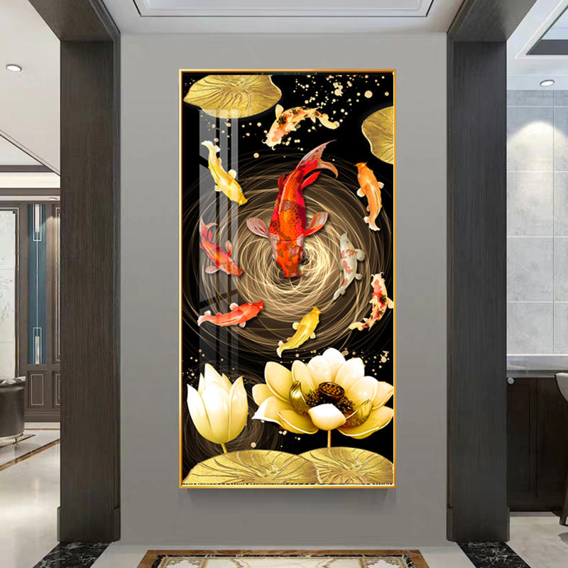 玄关装饰画九鱼图竖版轻奢招财锦鲤荷花寓意好的进门入户挂画壁画