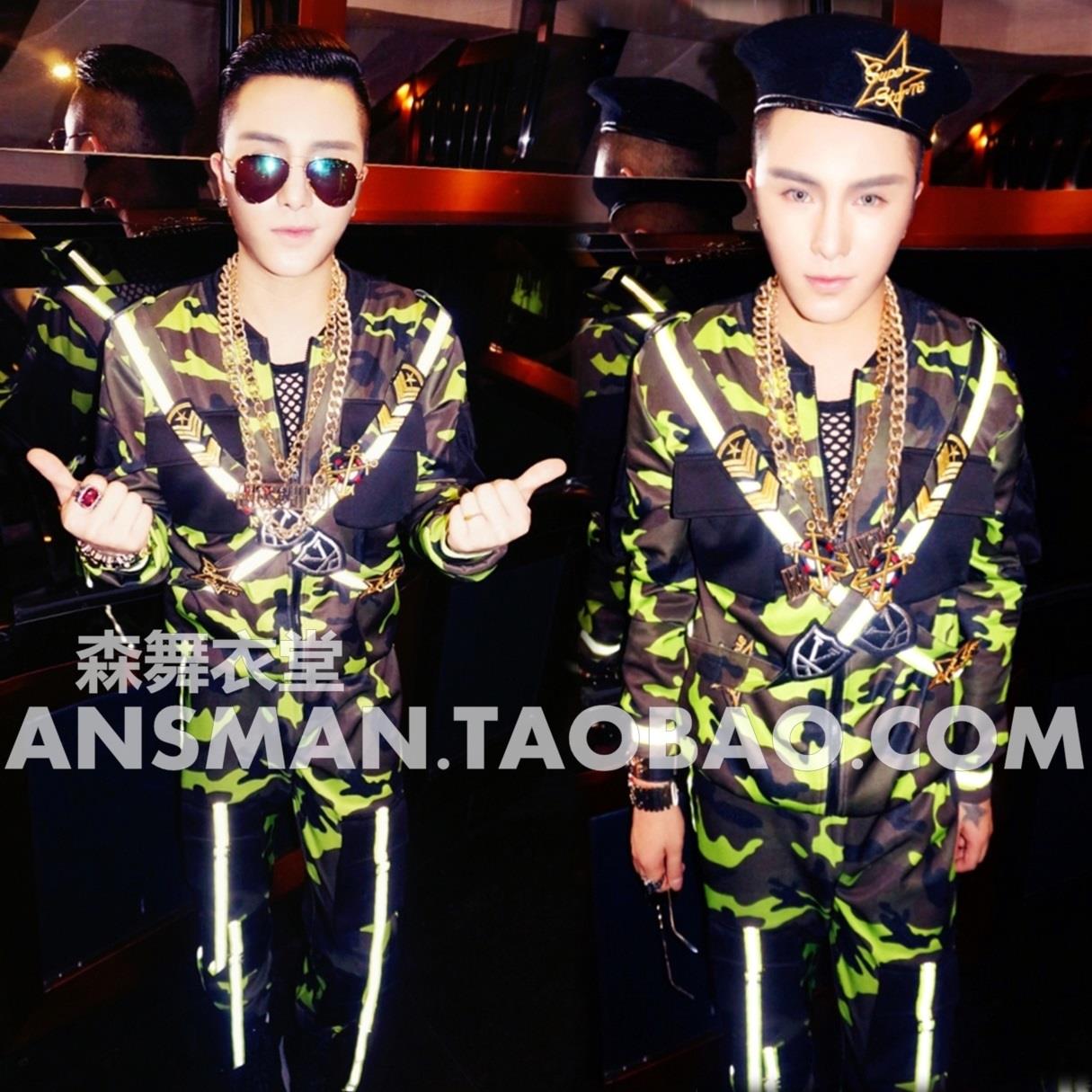 Original male singer male DJ Kwon Zhilong GD hollow fluorescent camouflage military uniform badge party show dress