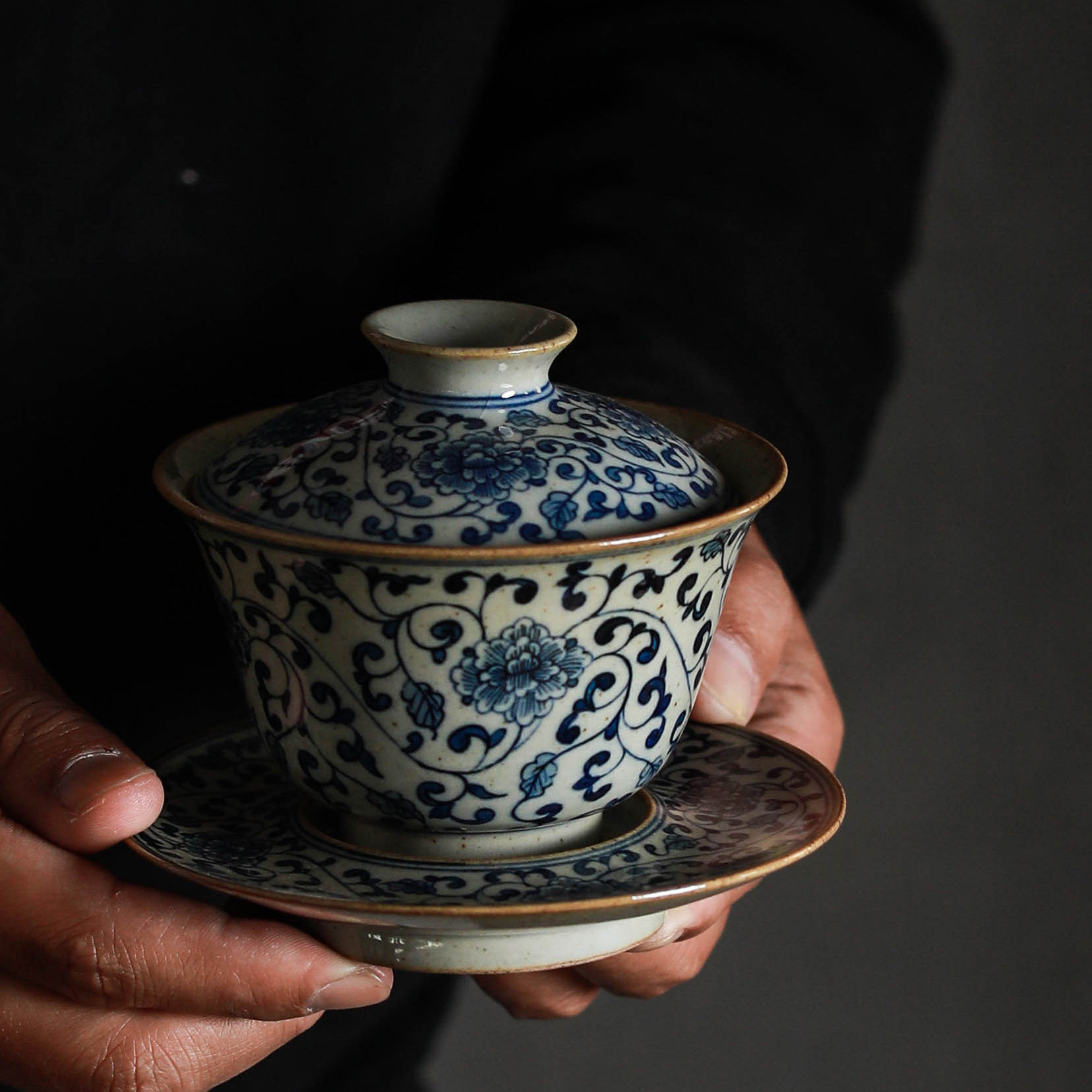 Unique Qing Qinghua tangled lily three only cover bowl Ceramic Jingdezhen hand-covered cup tea set tea bowl