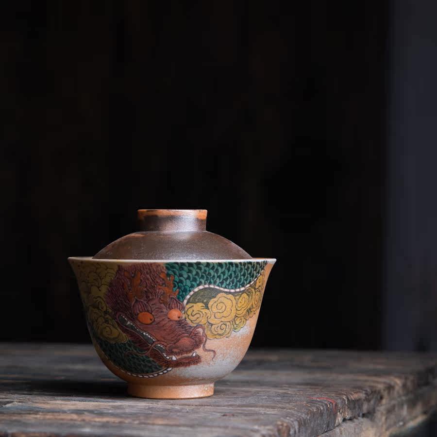 Fushi painted wood burning dragon cup