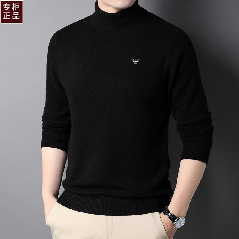 新款阿玛尼男士厚款高领羊绒衫男100纯羊绒纯色翻领针织打底毛衣