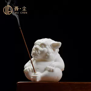 閑】清朝 和田玉製 細工彫『獅子』煎茶飾り 置物 ケース付/ 茶事