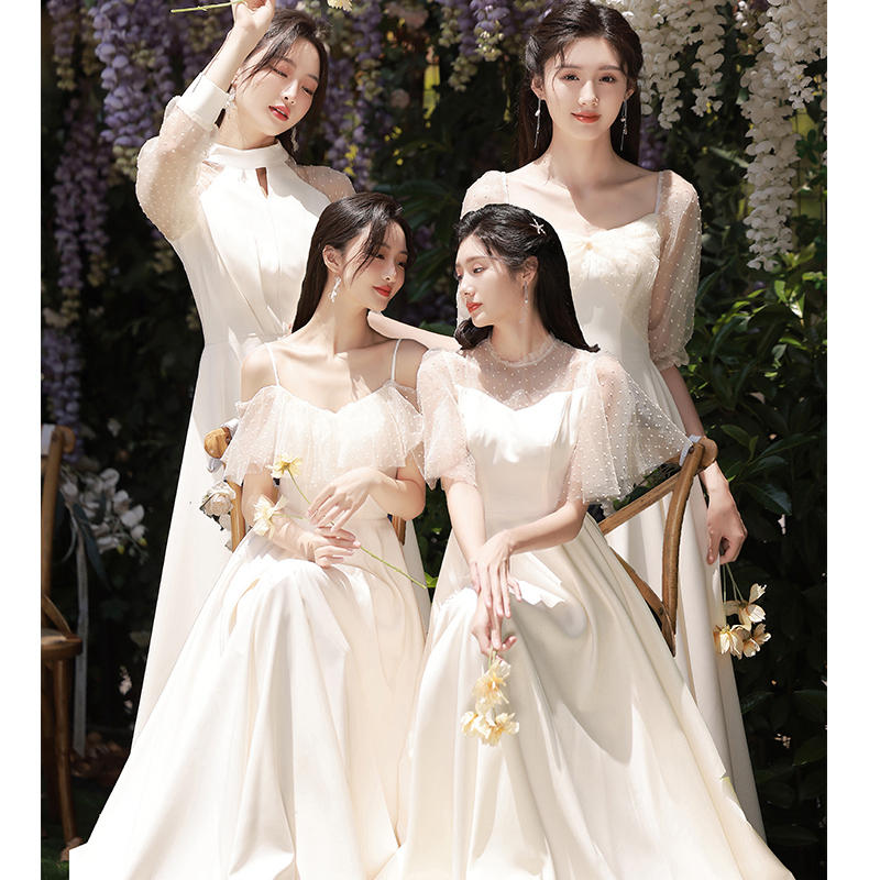 白色伴娘服2022夏季新款婚礼姐妹团礼服高级感气质小众连衣裙显瘦