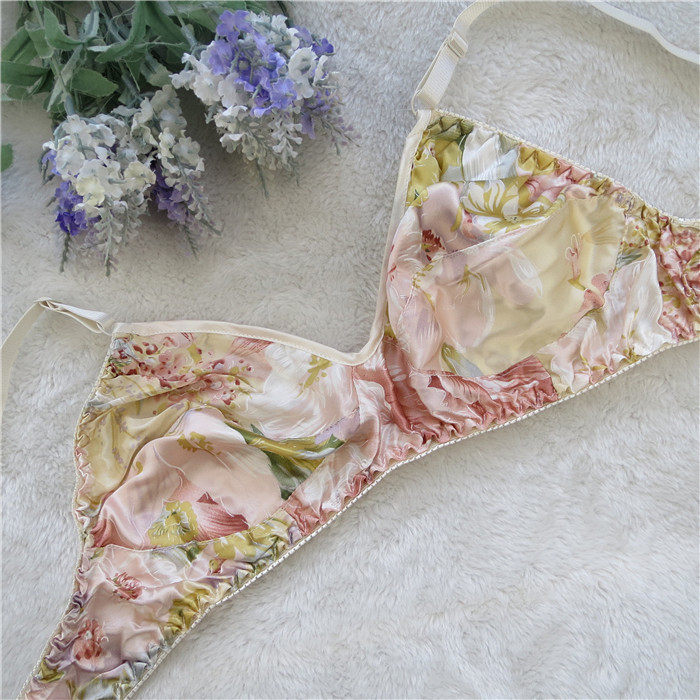 Bra underwear without sponge mulberry silk double-sided silk bra without steel ring printed bra thin