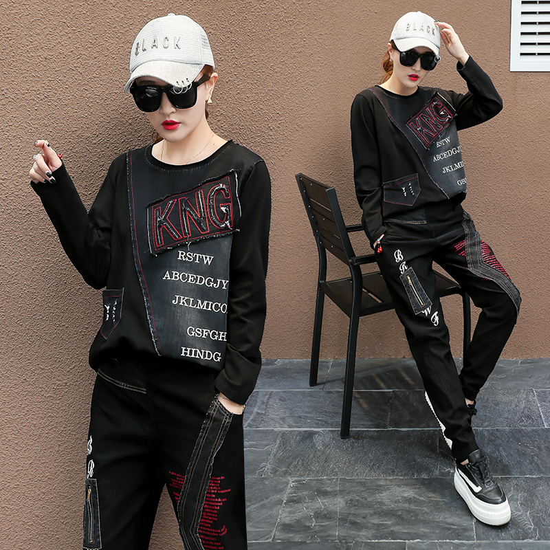 Sports suit womens spring autumn 2019 new street fashion handsome stitch denim loose personality casual two-piece set