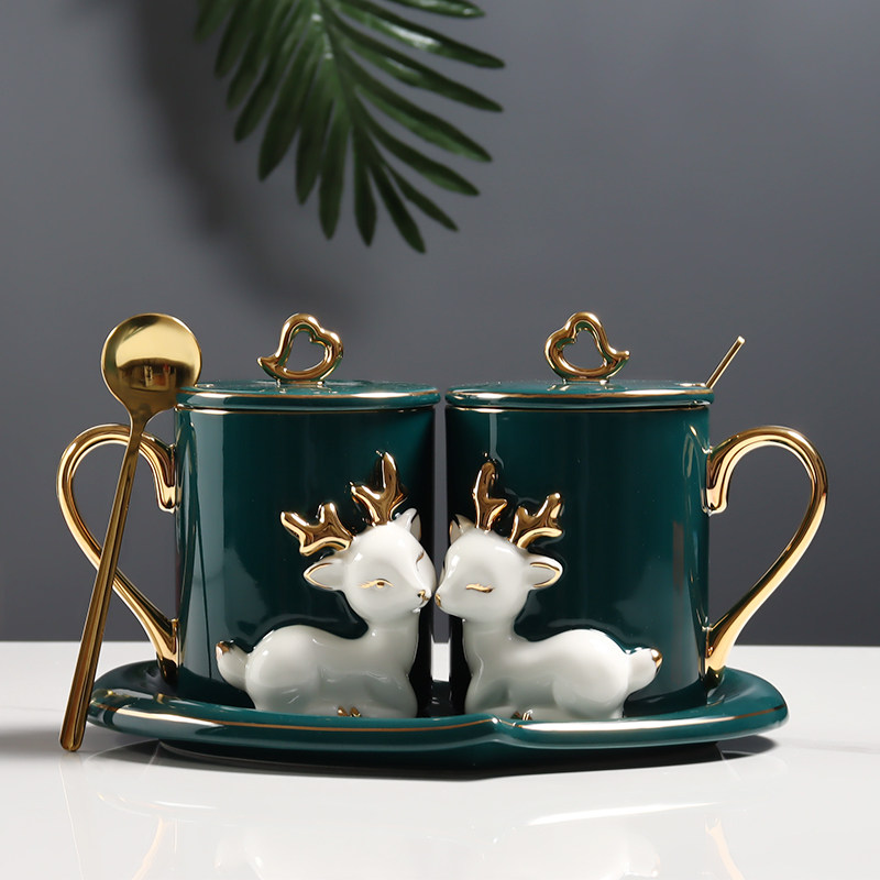 Ceramic pair cup cute cartoon couple cup high-faced wedding gift creative personality with a cover spoon tray water cup