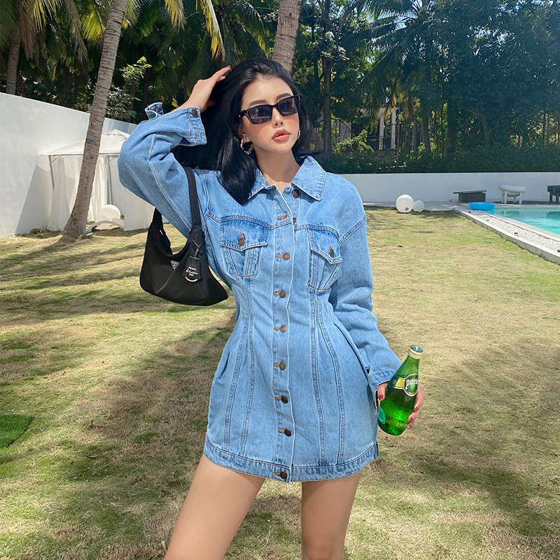 Liviahome Lisa hottie denim skirt dress 2021 new spring waist-length thin button-down skirt girl