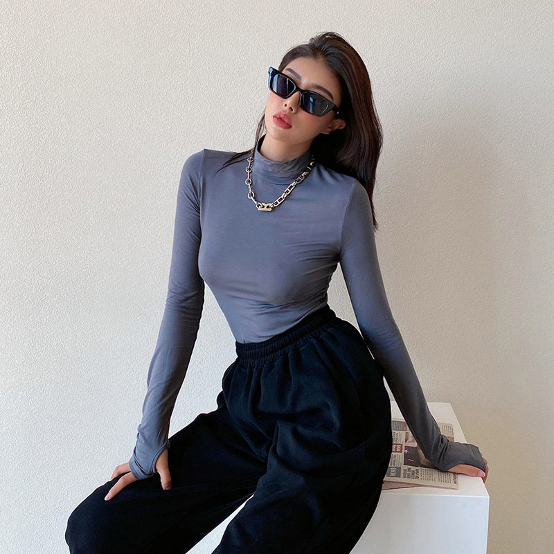 Liviahome thin semi-high neck with long-sleeved T-shirt American fashion elastic slim body show thin bottoms girl