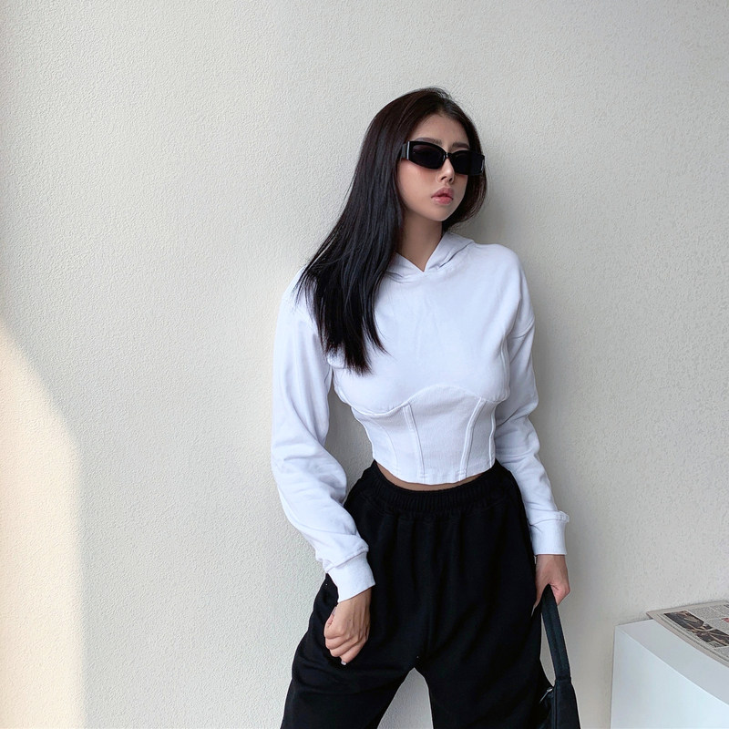 Liviahome autumn winter new personality waist hoodie short slim sports style solid color top