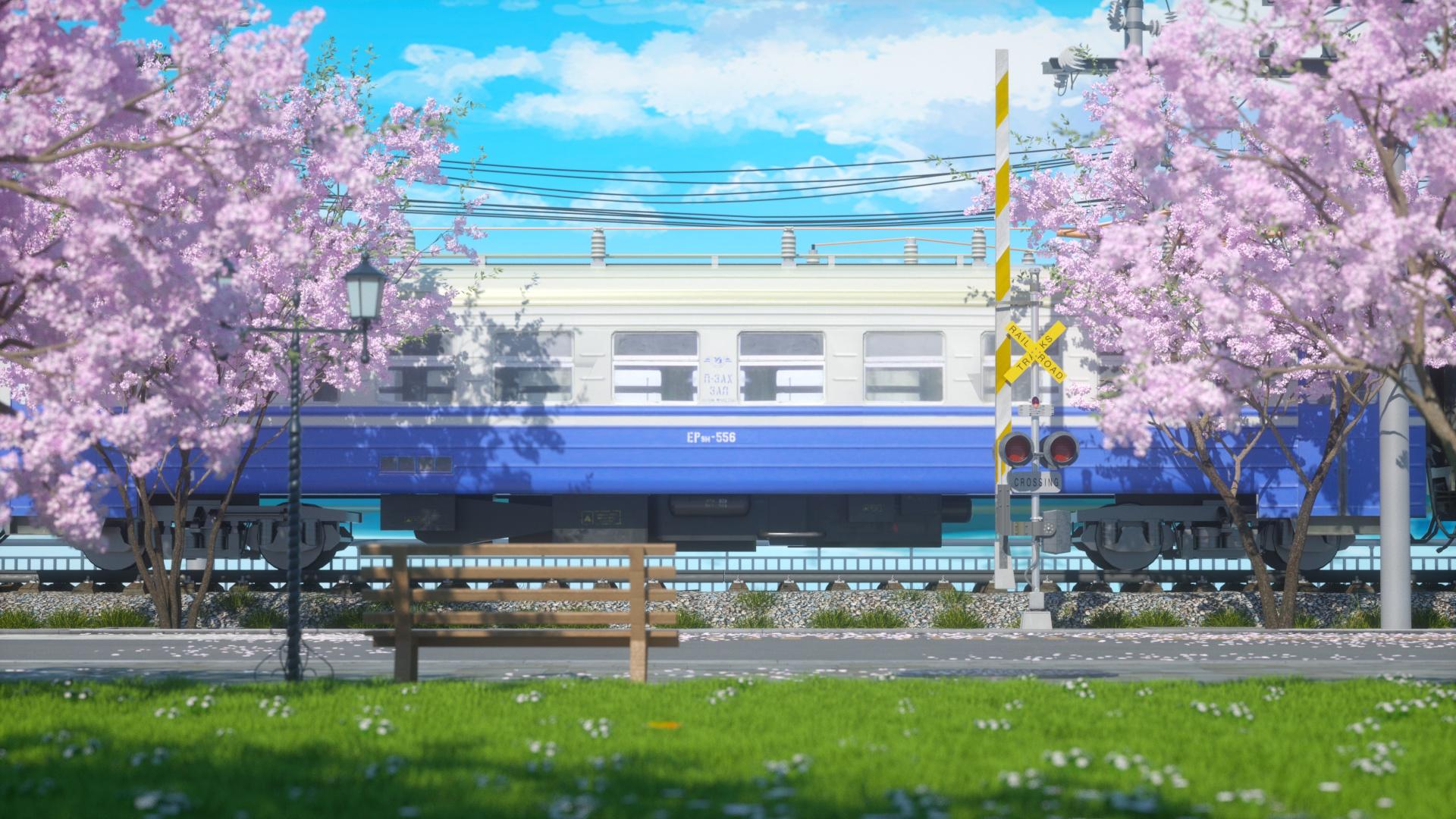 c4d工程oc渲染3d模型素材设计日式樱花火车动漫漫画场景