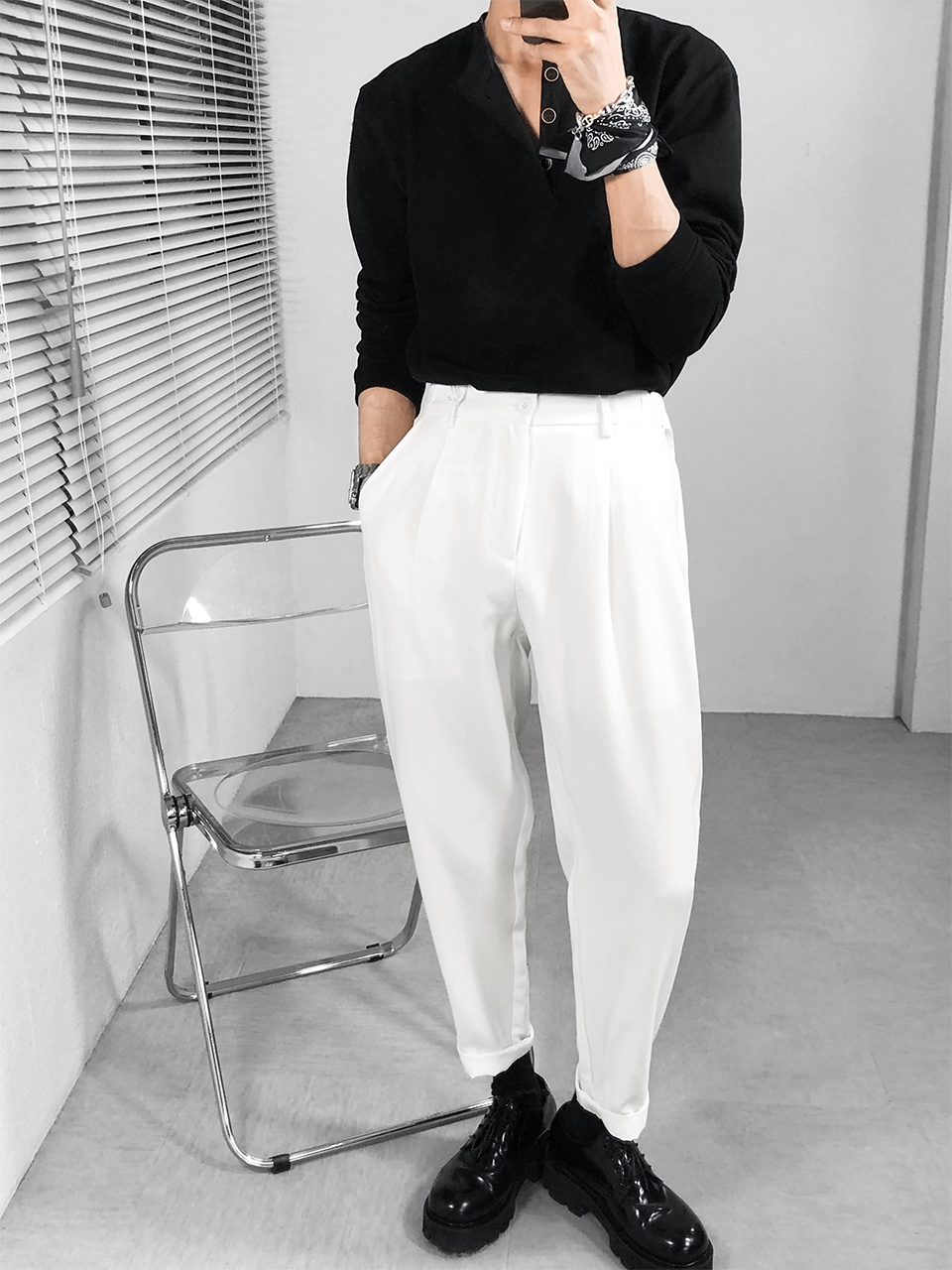 Long-talking waist belt black and white casual pants mens spring slim small foot tide brand leggings long pants 2021 new model