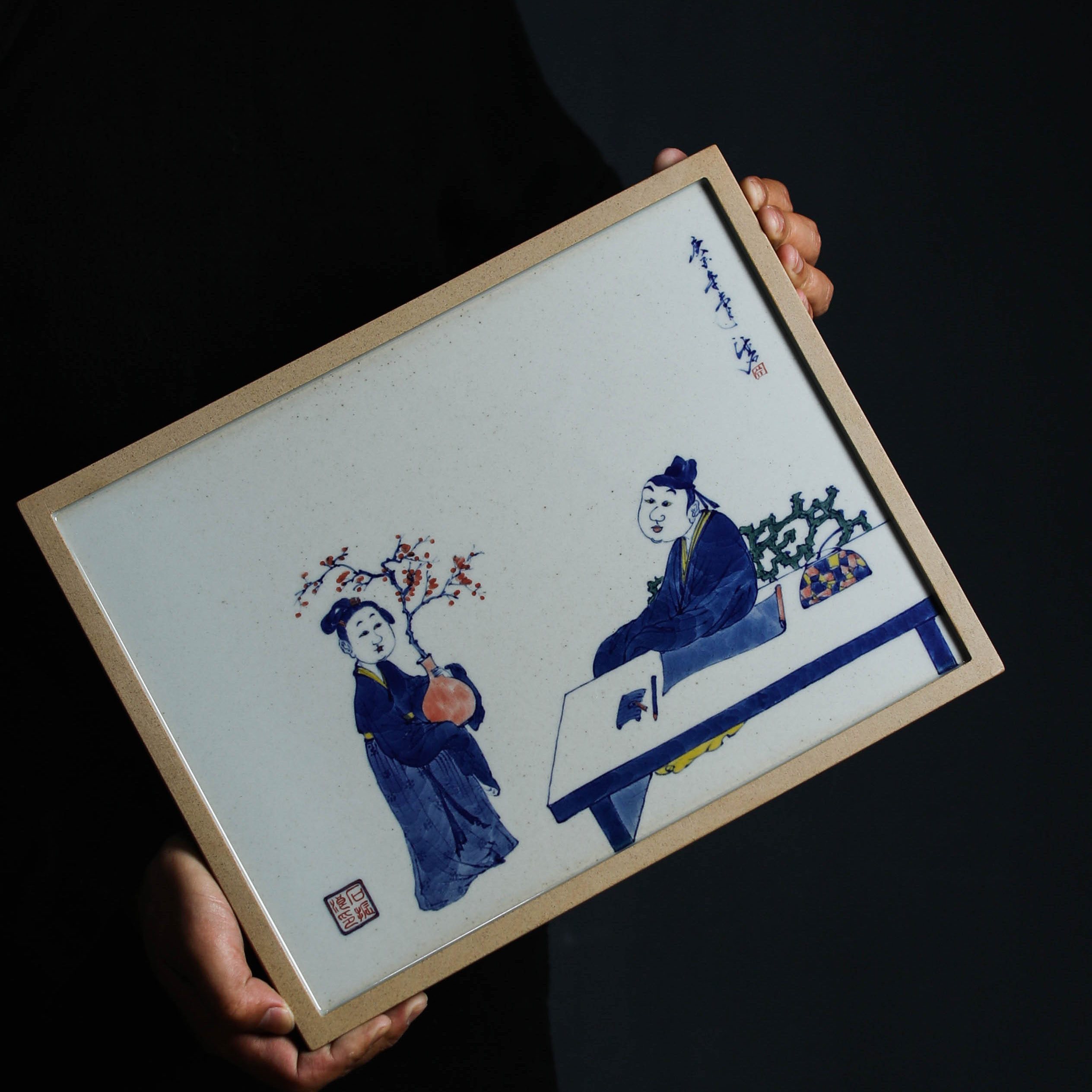 Single Qing Peony Green Flower hand-painted dry tea plate Ceramic retro quad large pot to support the tea ceremony kung fu tea table