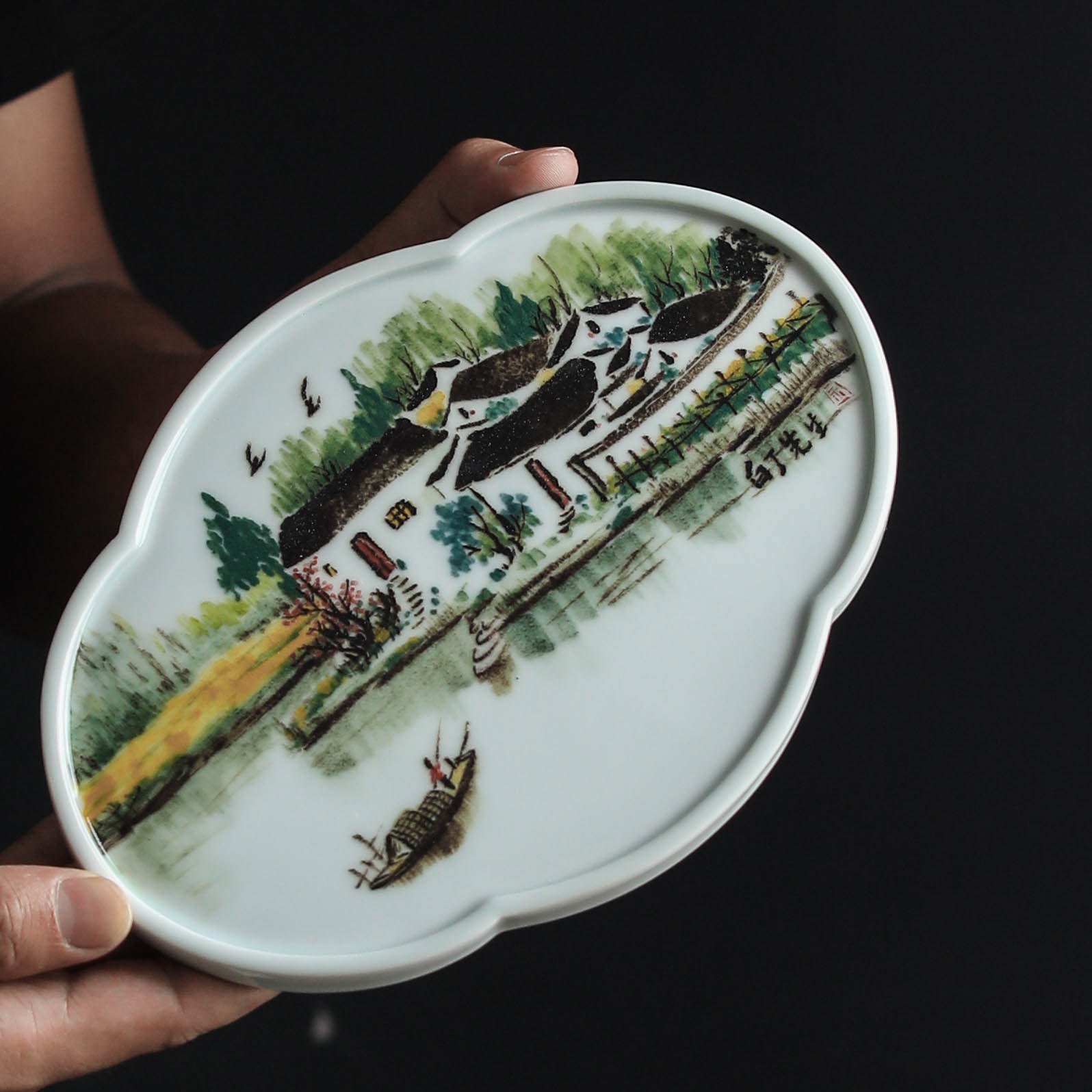 Single Qing Jiangnan Water Township hand-painted tea plate Jingdezhen ceramic dry-brewed tea plate tea table tray pot carry kung fu tea set