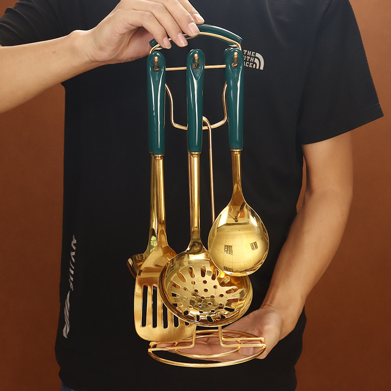 Nordic light luxury emerald pot shovel set 7-piece set of stainless steel kitchenware anti-hot ceramic handle stir-fry vegetable shovel home