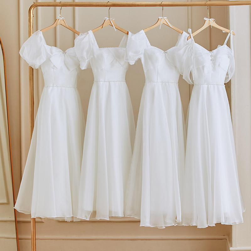 白色伴娘服冬季2022新款高级姐妹团礼服女平时可穿领证登记小白裙