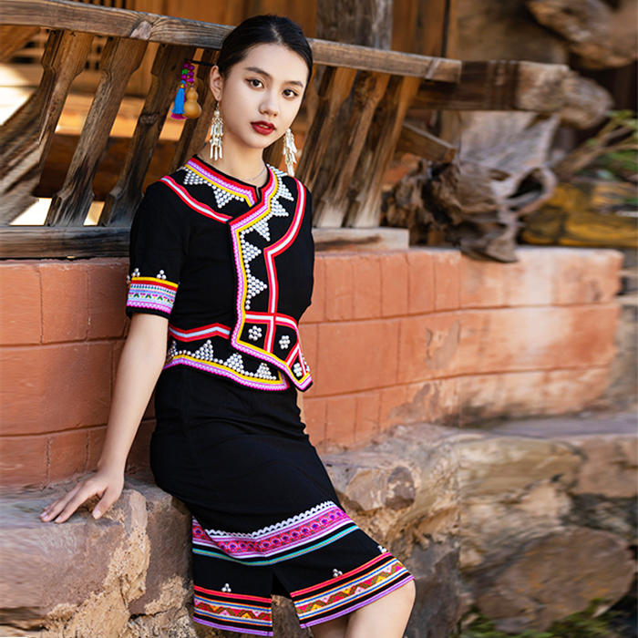 少数民族拉祜族服装女短款纯麻套装黑色民族风修身显瘦纯手工银泡