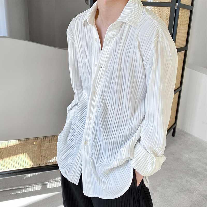 Dragon talk pleated two-color drooping shirt mens long-sleeved port wind style design sense niche high-class sense lazy wind