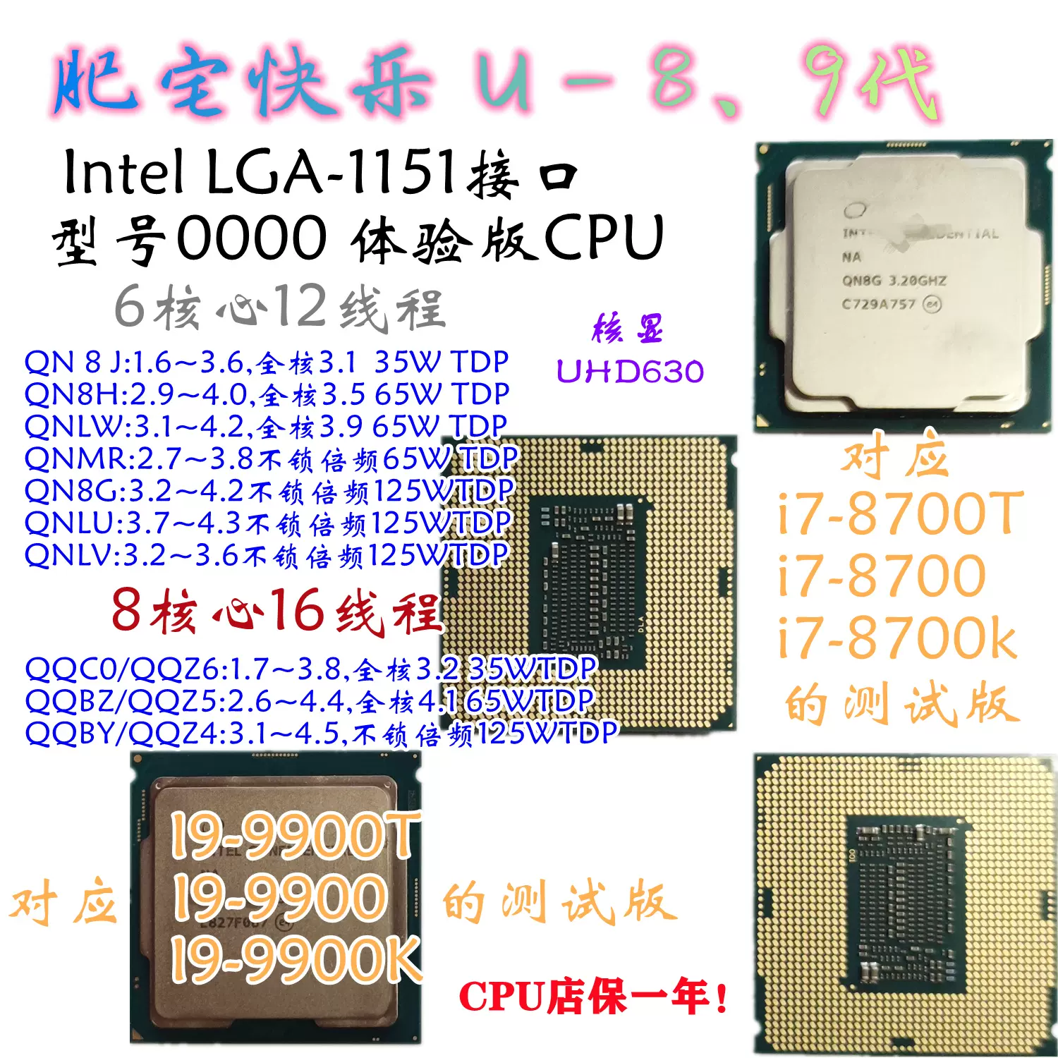 Intel i7-8700K QN8G QN8H QN8J QQC0 QQBZ QQBY i9-9900k ESCPU - Taobao