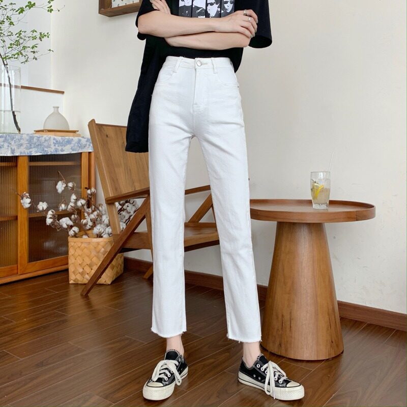 White jeans womens loose straight nine-point pants 2021 spring new Korean version shows thin students cigarette pipe pants