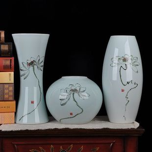 景德镇陶瓷器花瓶 现代中式青瓷手绘三件套 家居装饰工艺品摆件设