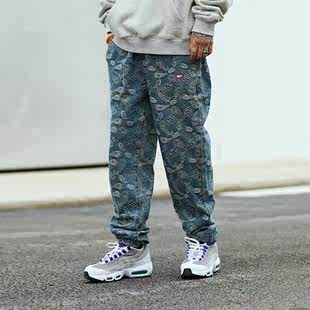 1807国潮牌秋冬季新款满印宽松腰果花刺绣直筒牛仔长裤休闲男下装