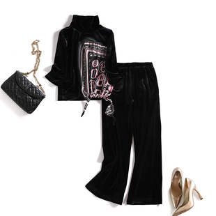 高档金丝绒洋气套装~精选篙品定位!高领上衣 直筒裤两件套女装秋