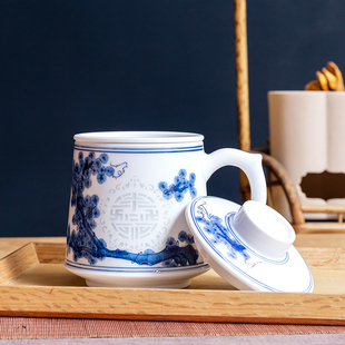 玉柏陶瓷景德镇手绘茶杯子礼品玲珑青花瓷办公带盖过滤杯万事如意