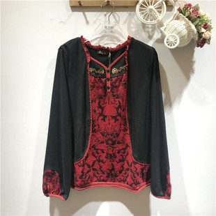 促销秋装桑迪休闲专柜女装 长袖t恤中年中老年民族妈妈装a6658黑