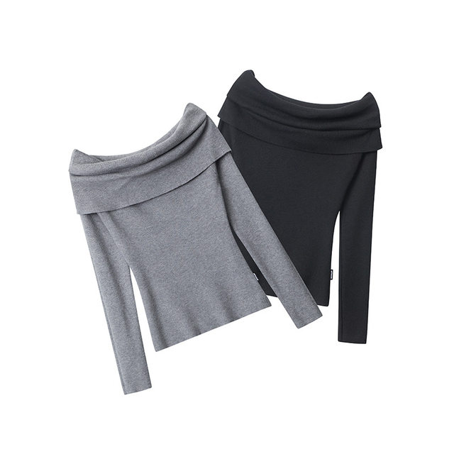Nariele European and American one-shoulder top for women in autumn off-shoulder design niche slim temperament long-sleeved knitted sweater