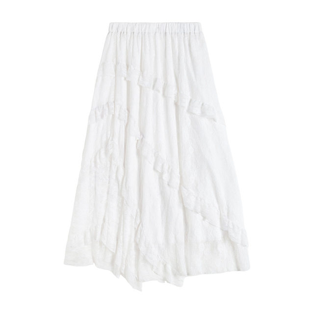 Retro spliced ​​twill lace skirt for women in early spring white elastic waist slimming mesh a-line long skirt cake skirt
