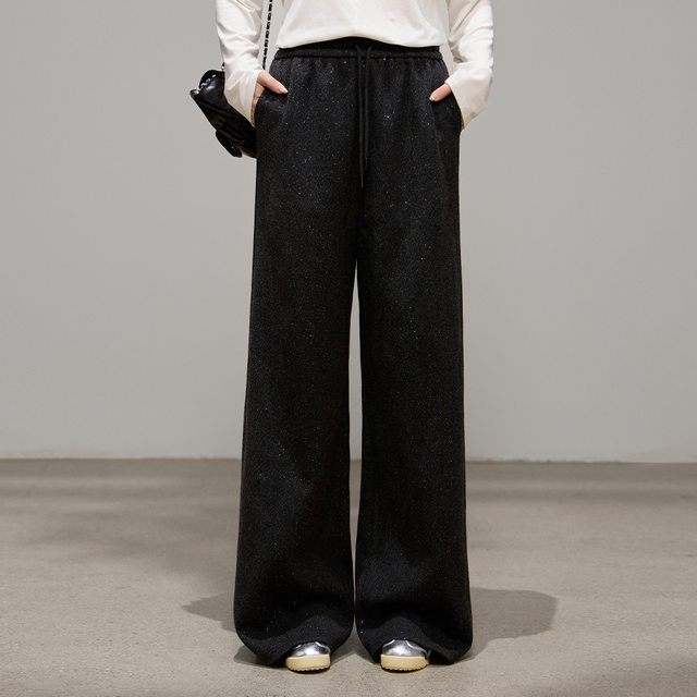 Korean-style waist straight-leg glitter woolen wide-leg pants for winter fat mm plus size women's clothing to cover the flesh and look slimming straight-leg pants