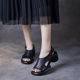 Fish mouth sandals for women 2025 summer new retro leather round toe thick heel shoes casual buckle hollow Roman shoes