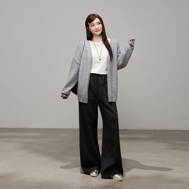Korean-style waist straight-leg glitter woolen wide-leg pants for winter fat mm plus size women's clothing to cover the flesh and look slimming straight-leg pants