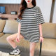 
Large size fat mm300Jin [Jin equals 0.5 kg] Blue striped round neck short-sleeved T-shirt for women in summer Korean style loose fashionable top trendy