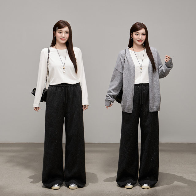 Korean-style waist straight-leg glitter woolen wide-leg pants for winter fat mm plus size women's clothing to cover the flesh and look slimming straight-leg pants