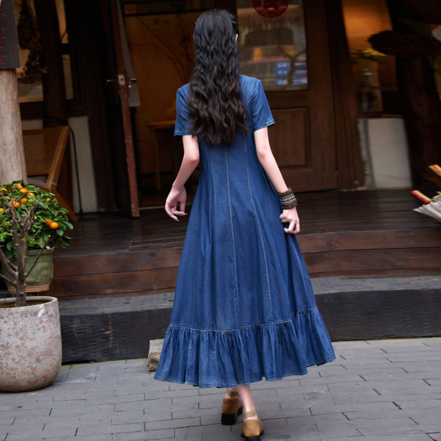 2024 summer ladylike temperament ruffled round neck short-sleeved denim dress embroidered loose large size long skirt 82676