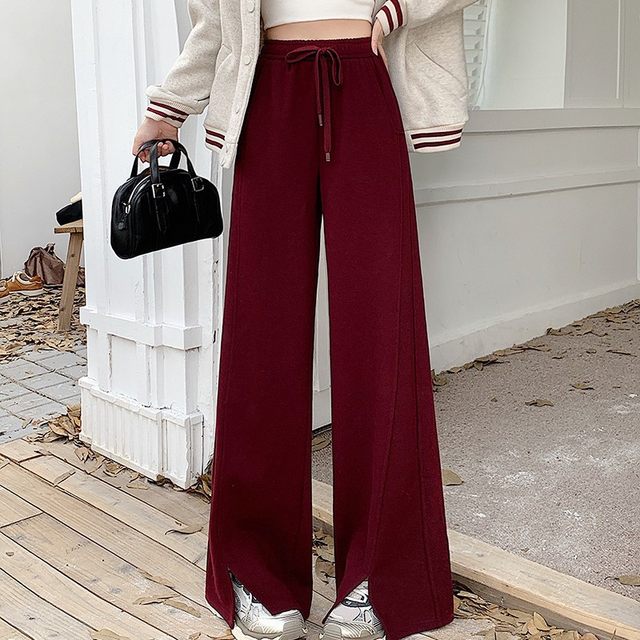 
2025 new winter clothing 200Jin [Jin equals 0.5kg] fat mm large size plus velvet warm straight pants elastic waist slit wide leg casual pants