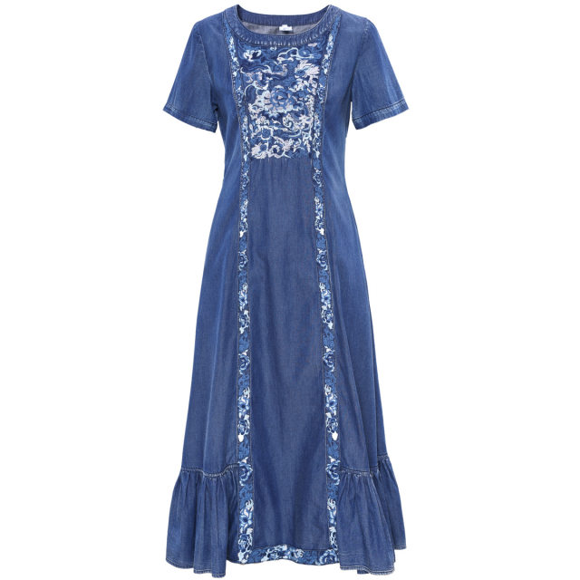 2024 summer ladylike temperament ruffled round neck short-sleeved denim dress embroidered loose large size long skirt 82676
