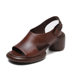 Fish mouth sandals for women 2025 summer new retro leather round toe thick heel shoes casual buckle hollow Roman shoes