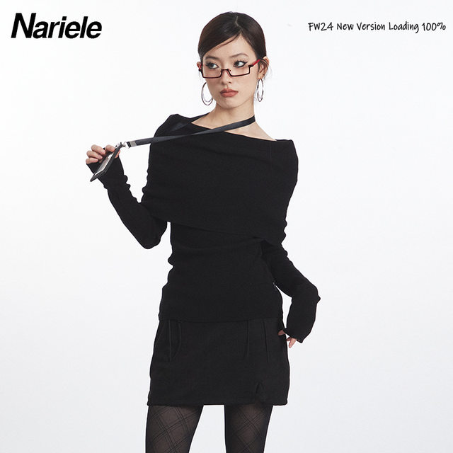 Nariele European and American one-shoulder top for women in autumn off-shoulder design niche slim temperament long-sleeved knitted sweater