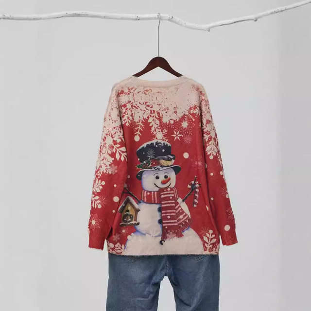 European and American large size women's clothing, women's ugly Christmas sweater animal pattern, snowflake 3D snowman pullover mink knitted sweater

