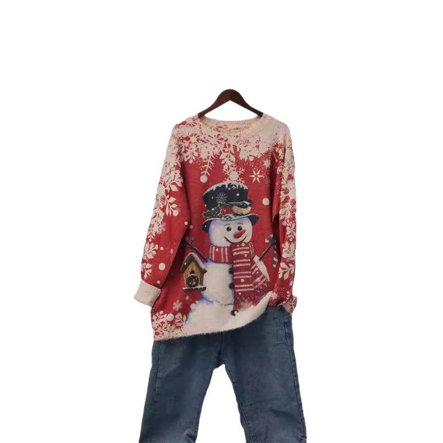 European and American large size women's clothing, women's ugly Christmas sweater animal pattern, snowflake 3D snowman pullover mink knitted sweater
